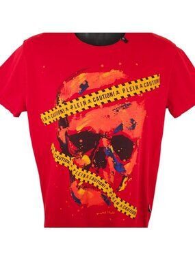 Philipp Plein Skull T Shirt Mens Size Medium Red Caution Tape Luxury Streetwear